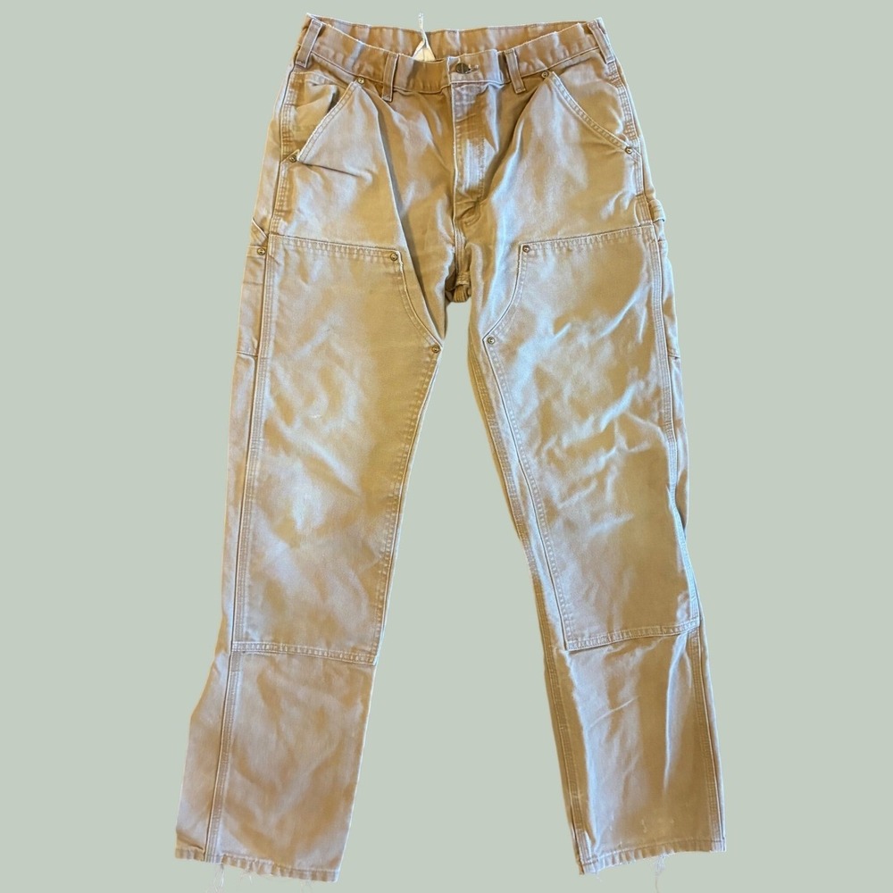 Carhartt Double Knee Logger Pants Tan Canvas Workwear Distressed Mens 34x34